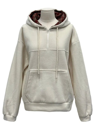 Office Check Color Block Hoodie Half-zip Long Sleeve Fleece