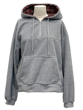 Office Check Color Block Hoodie Half-zip Long Sleeve Fleece