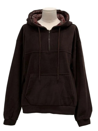 Office Check Color Block Hoodie Half-zip Long Sleeve Fleece