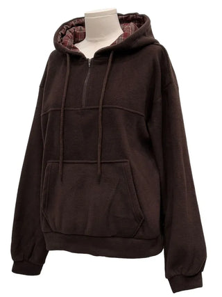 Office Check Color Block Hoodie Half-zip Long Sleeve Fleece