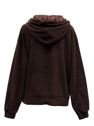 Office Check Color Block Hoodie Half-zip Long Sleeve Fleece