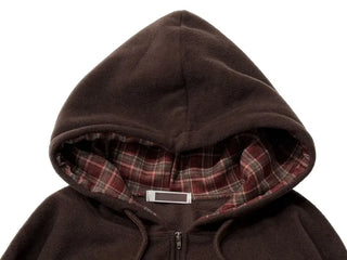 Office Check Color Block Hoodie Half-zip Long Sleeve Fleece