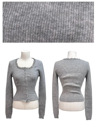 Young frill lace square neck slim fit ribbed button vintage knit cardigan