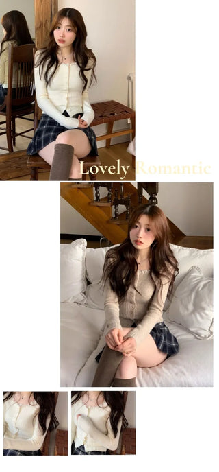 Young frill lace square neck slim fit ribbed button vintage knit cardigan