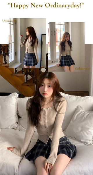 Young frill lace square neck slim fit ribbed button vintage knit cardigan