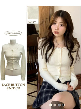 Young frill lace square neck slim fit ribbed button vintage knit cardigan