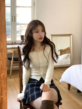 Young frill lace square neck slim fit ribbed button vintage knit cardigan