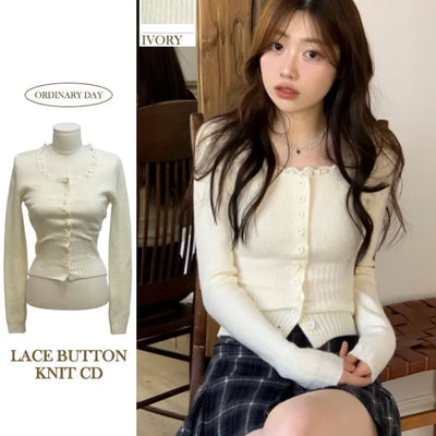 Young frill lace square neck slim fit ribbed button vintage knit cardigan