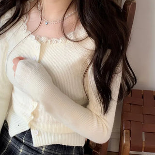 Young frill lace square neck slim fit ribbed button vintage knit cardigan