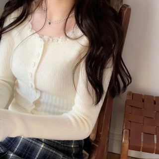 Young frill lace square neck slim fit ribbed button vintage knit cardigan