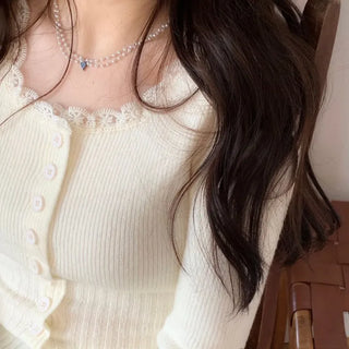 Young frill lace square neck slim fit ribbed button vintage knit cardigan