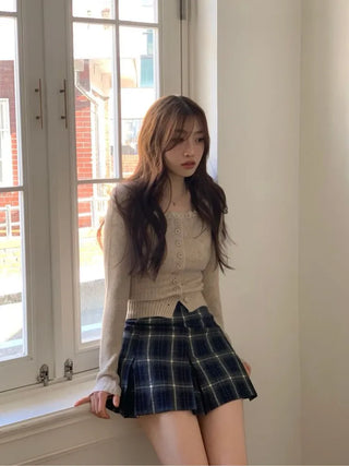 Young frill lace square neck slim fit ribbed button vintage knit cardigan