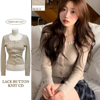 Young frill lace square neck slim fit ribbed button vintage knit cardigan