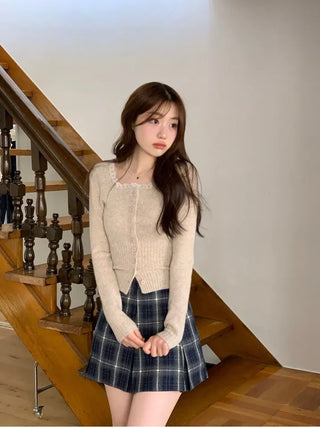 Young frill lace square neck slim fit ribbed button vintage knit cardigan