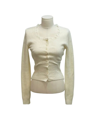 Young frill lace square neck slim fit ribbed button vintage knit cardigan
