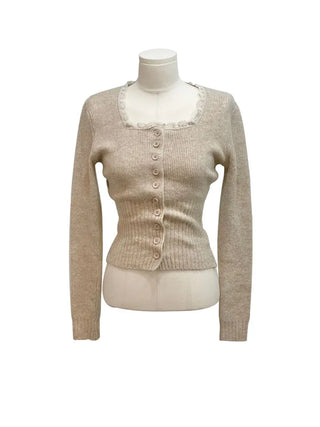 Young frill lace square neck slim fit ribbed button vintage knit cardigan