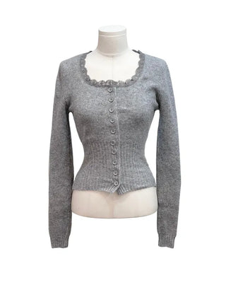 Young frill lace square neck slim fit ribbed button vintage knit cardigan