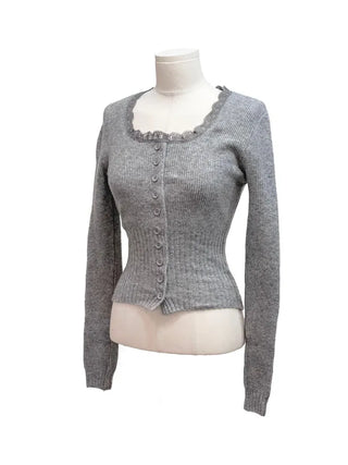 Young frill lace square neck slim fit ribbed button vintage knit cardigan