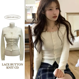 Young frill lace square neck slim fit ribbed button vintage knit cardigan