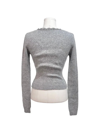 Young frill lace square neck slim fit ribbed button vintage knit cardigan