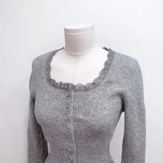 Young frill lace square neck slim fit ribbed button vintage knit cardigan