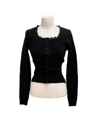 Young frill lace square neck slim fit ribbed button vintage knit cardigan