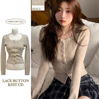 Young frill lace square neck slim fit ribbed button vintage knit cardigan
