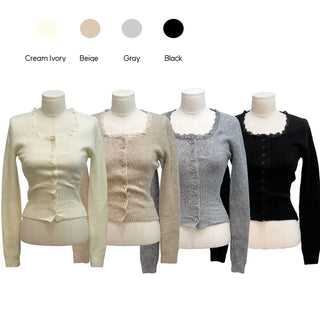Young frill lace square neck slim fit ribbed button vintage knit cardigan