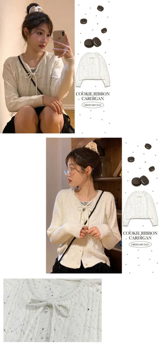 Cookie Ribbon Fisher Pearl Button Knit Long Sleeve Cardigan One Color