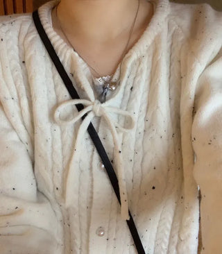 Cookie Ribbon Fisher Pearl Button Knit Long Sleeve Cardigan One Color