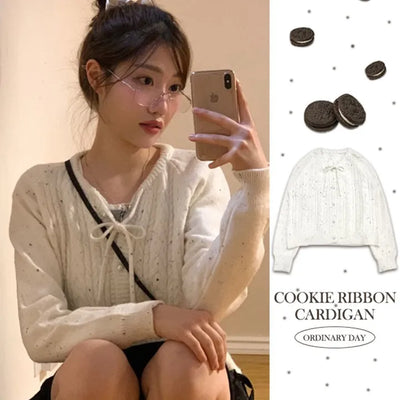 Cookie Ribbon Fisher Pearl Button Knit Long Sleeve Cardigan One Color