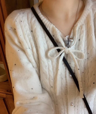 Cookie Ribbon Fisher Pearl Button Knit Long Sleeve Cardigan One Color