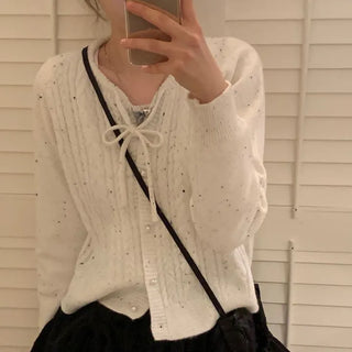 Cookie Ribbon Fisher Pearl Button Knit Long Sleeve Cardigan One Color