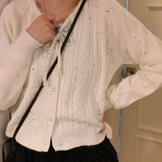 Cookie Ribbon Fisher Pearl Button Knit Long Sleeve Cardigan One Color