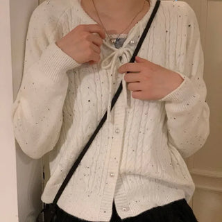 Cookie Ribbon Fisher Pearl Button Knit Long Sleeve Cardigan One Color