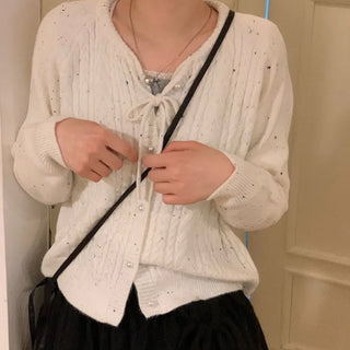 Cookie Ribbon Fisher Pearl Button Knit Long Sleeve Cardigan One Color