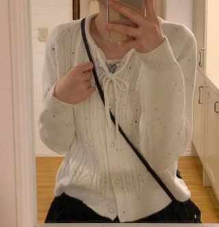 Cookie Ribbon Fisher Pearl Button Knit Long Sleeve Cardigan One Color