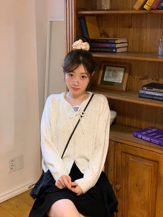 Cookie Ribbon Fisher Pearl Button Knit Long Sleeve Cardigan One Color