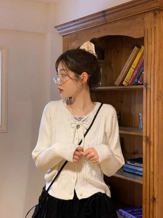 Cookie Ribbon Fisher Pearl Button Knit Long Sleeve Cardigan One Color