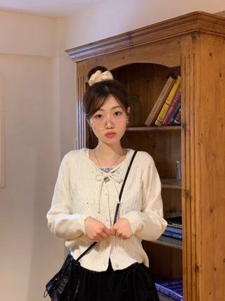 Cookie Ribbon Fisher Pearl Button Knit Long Sleeve Cardigan One Color