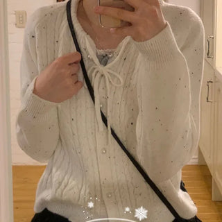 Cookie Ribbon Fisher Pearl Button Knit Long Sleeve Cardigan One Color