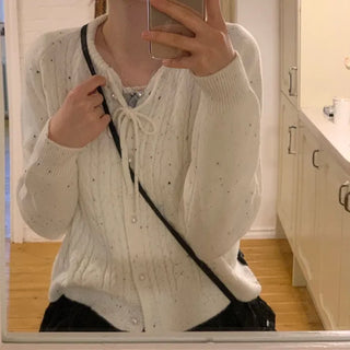 Cookie Ribbon Fisher Pearl Button Knit Long Sleeve Cardigan One Color