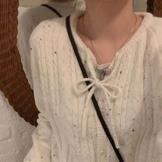 Cookie Ribbon Fisher Pearl Button Knit Long Sleeve Cardigan One Color