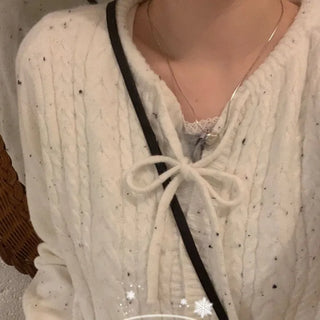 Cookie Ribbon Fisher Pearl Button Knit Long Sleeve Cardigan One Color