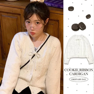 Cookie Ribbon Fisher Pearl Button Knit Long Sleeve Cardigan One Color