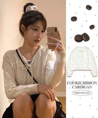 Cookie Ribbon Fisher Pearl Button Knit Long Sleeve Cardigan One Color