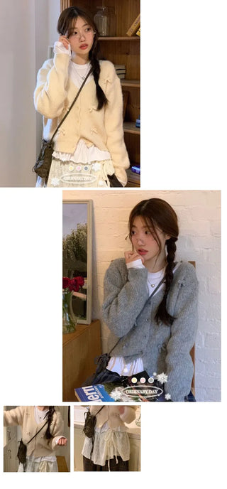 Bob Ribbon A-Line Loose Fit Button Brush Knit Cardigan