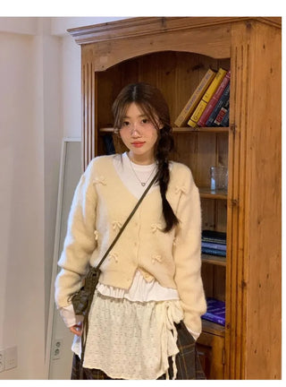 Bob Ribbon A-Line Loose Fit Button Brush Knit Cardigan