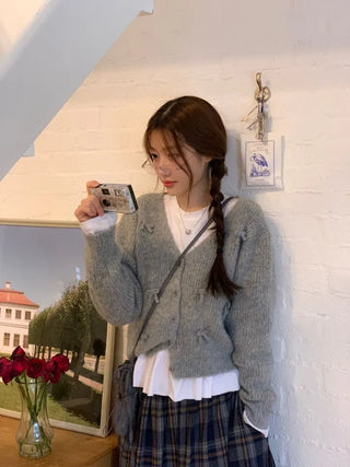 Bob Ribbon A-Line Loose Fit Button Brush Knit Cardigan