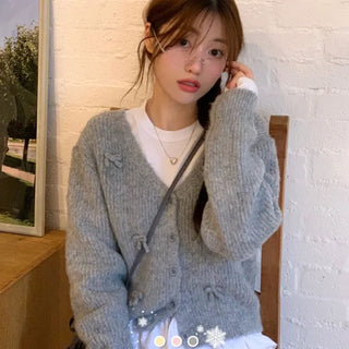 Bob Ribbon A-Line Loose Fit Button Brush Knit Cardigan